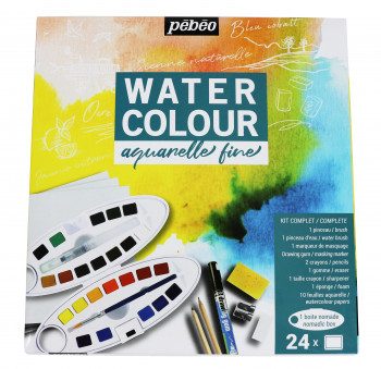 COMPLETE KIT 24 WATERCOLOUR HALF PANS OVAL BOX + ACCESSORIES