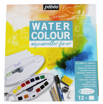 COMPLETE KIT 12 WATERCOLOUR HALF PANS OVAL BOX + ACCESSORIES